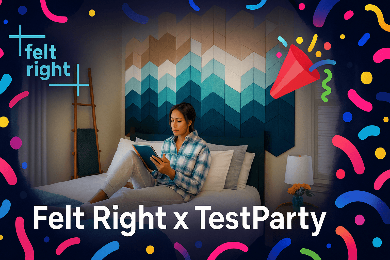 humbnail for Felt Right × TestParty case study: a young Black woman reads on a bed against a chevron felt‑tile wall in teal‑to‑navy tones, framed by a dark‑blue confetti border. Felt Right logo sits in the top left, TestParty’s party‑popper icon in the top right, and the white headline “Felt Right x TestParty” spans the bottom.