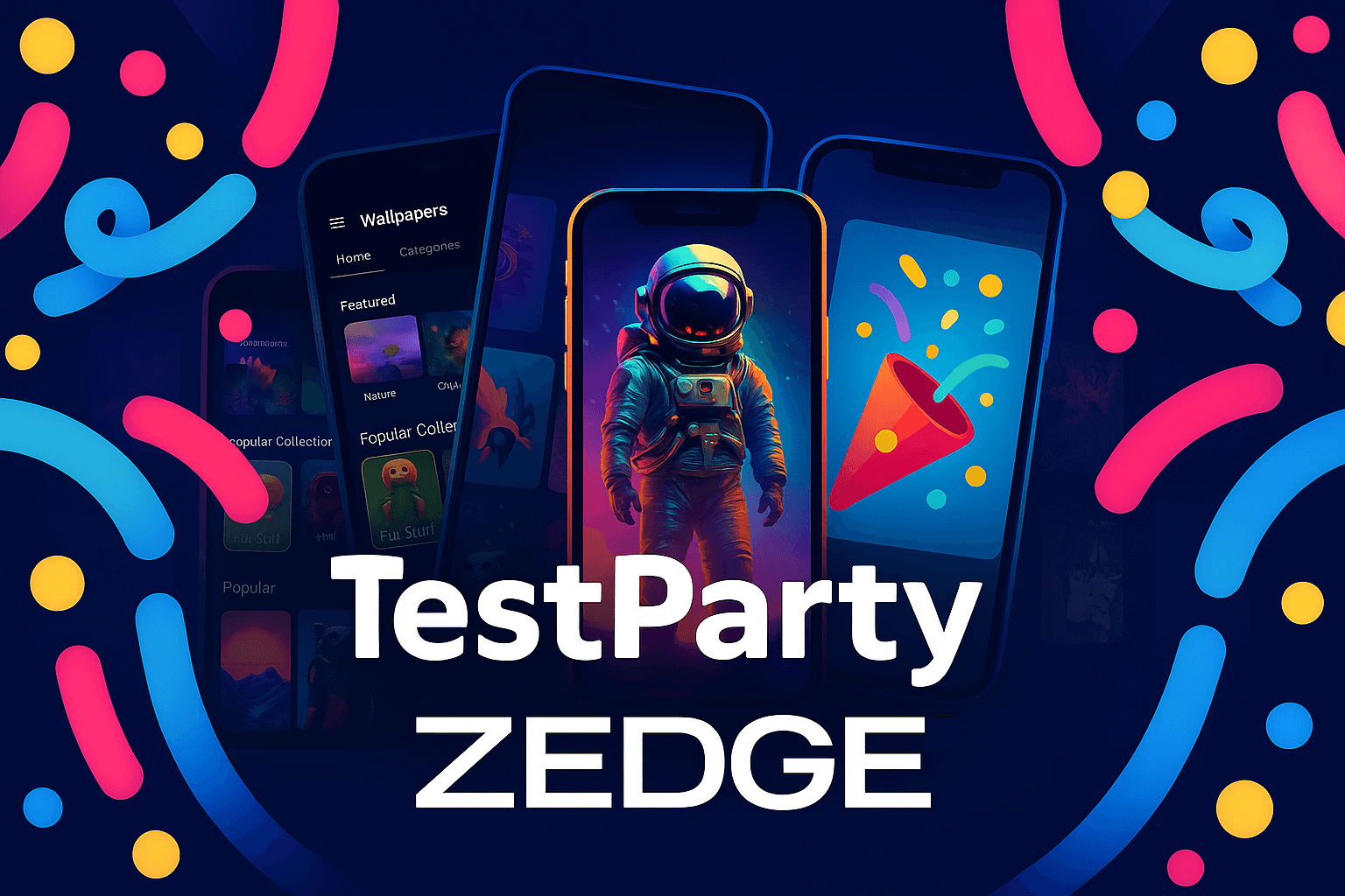 Dark‑navy banner framed by bright pink, blue, and yellow confetti streamers; centered white TestParty logo above white ZEDGE™ logo; three glowing iPhones overlap behind the text, showing a wallpaper grid, a neon astronaut scene, and a party‑popper graphic.