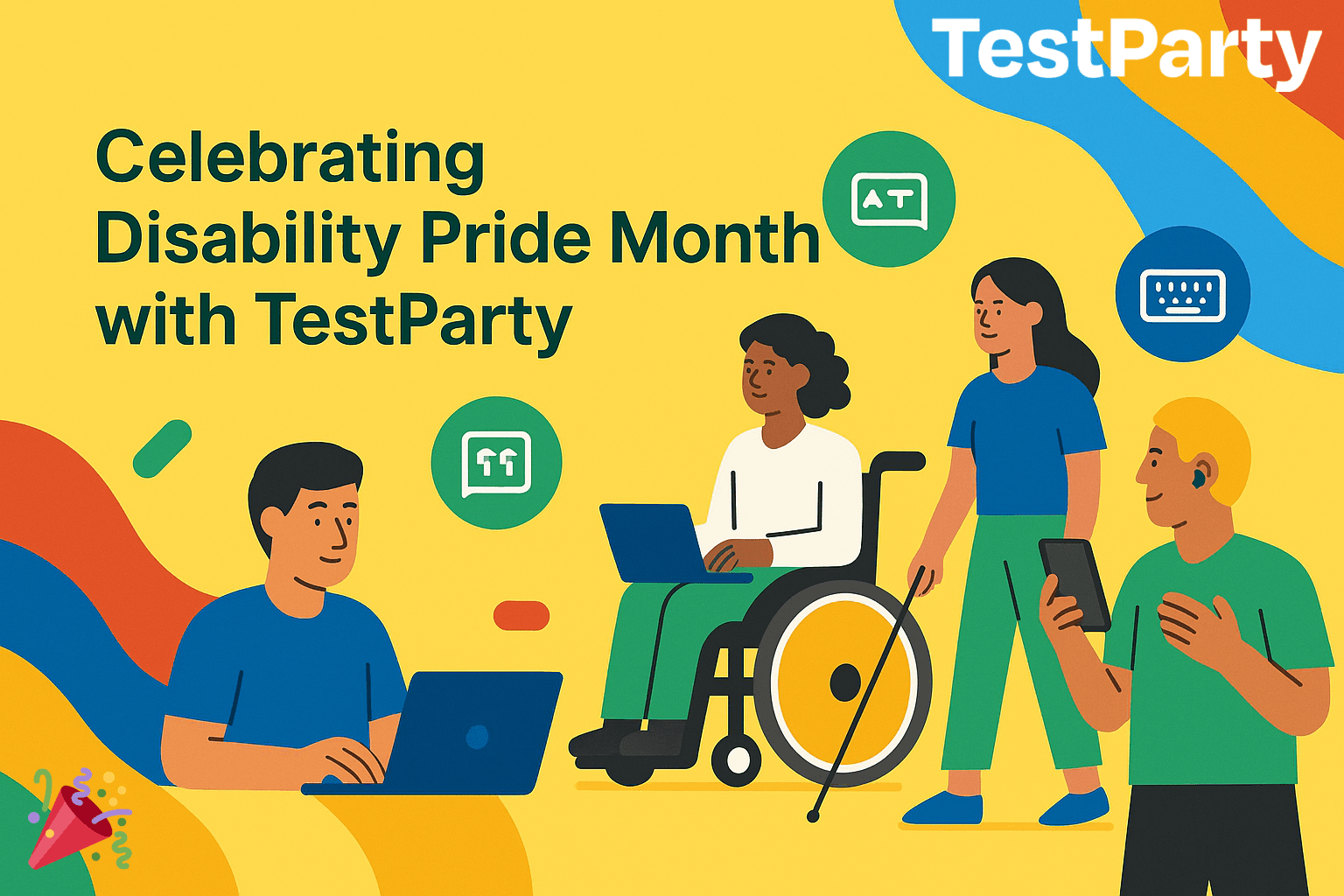 A flat-style illustration showing four diverse people with disabilities using laptops, tablets, and assistive devices. The text reads âCelebrating Disability Pride Month with TestPartyâ on a bright yellow background with colorful shapes.