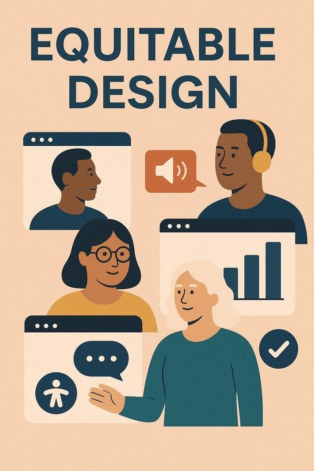 An illustration with the heading âEquitable Designâ at the top. The artwork shows a diverse group of people collaborating around digital interfaces. One person wears headphones with a speech bubble and sound icon, another wears glasses and smiles beside a browser window, and another gestures while standing near an accessibility icon and a checkmark. Additional elements include a bar chart and a chat bubble, symbolizing inclusive and multimodal digital design.