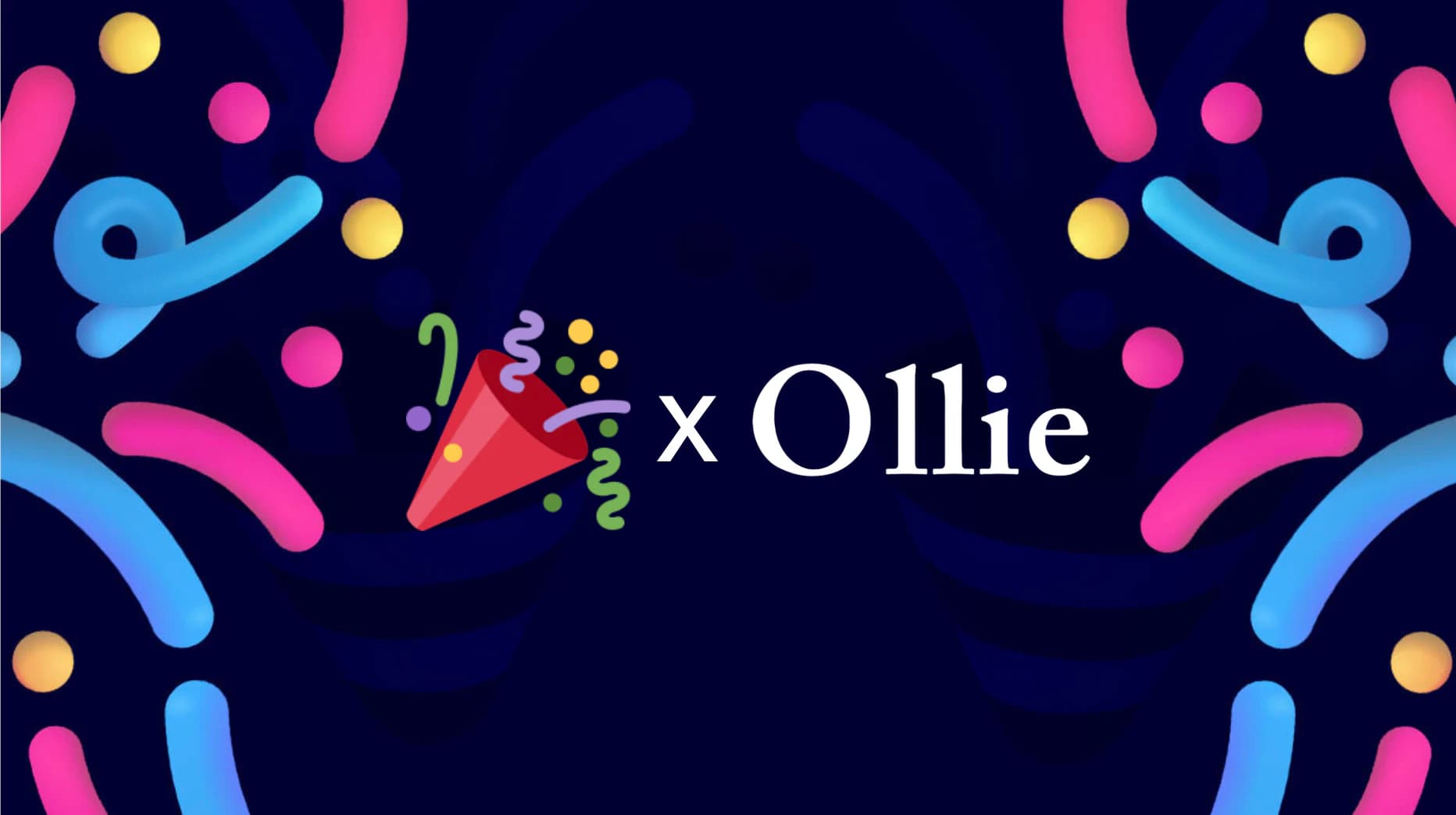 TestParty x Ollie partnership graphic. A party popper emoji and the word 'Ollie' in white serif lettering joined by an 'x', set against a dark navy background decorated with colorful pink, blue, and yellow confetti and streamer shapes.